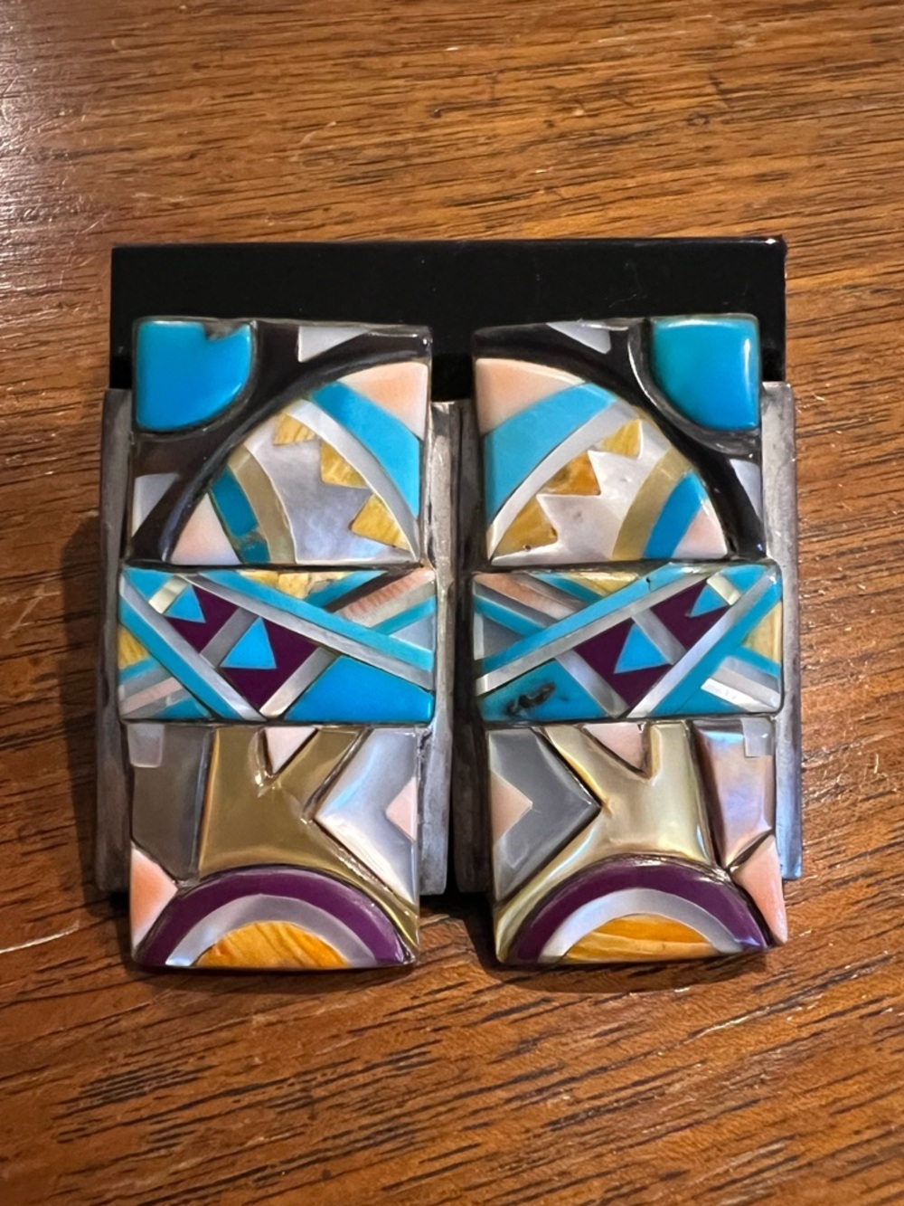 Southwestern Inlay Mosaic Turquoise, Mother of Pearl & Stone Sterling Earrings!
